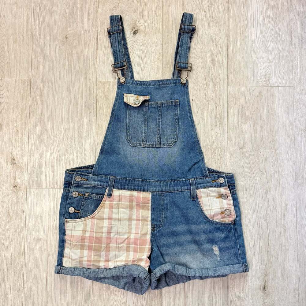 lei Juniors Denim Shortalls with Pink Plaid Patchwork Details